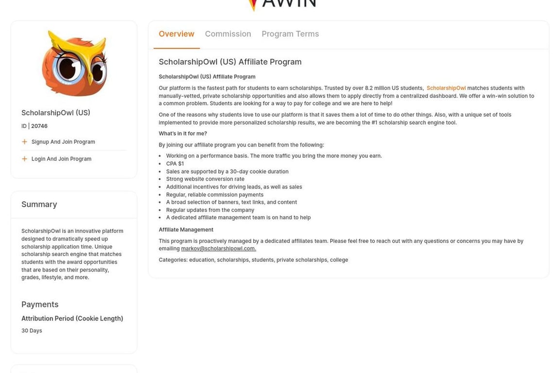ScholarshipOwl (US) affiliate program signup page