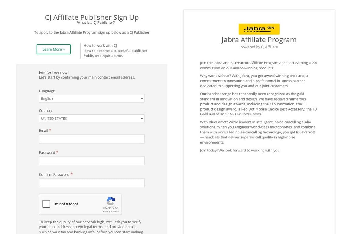 Jabra CA affiliate program signup page