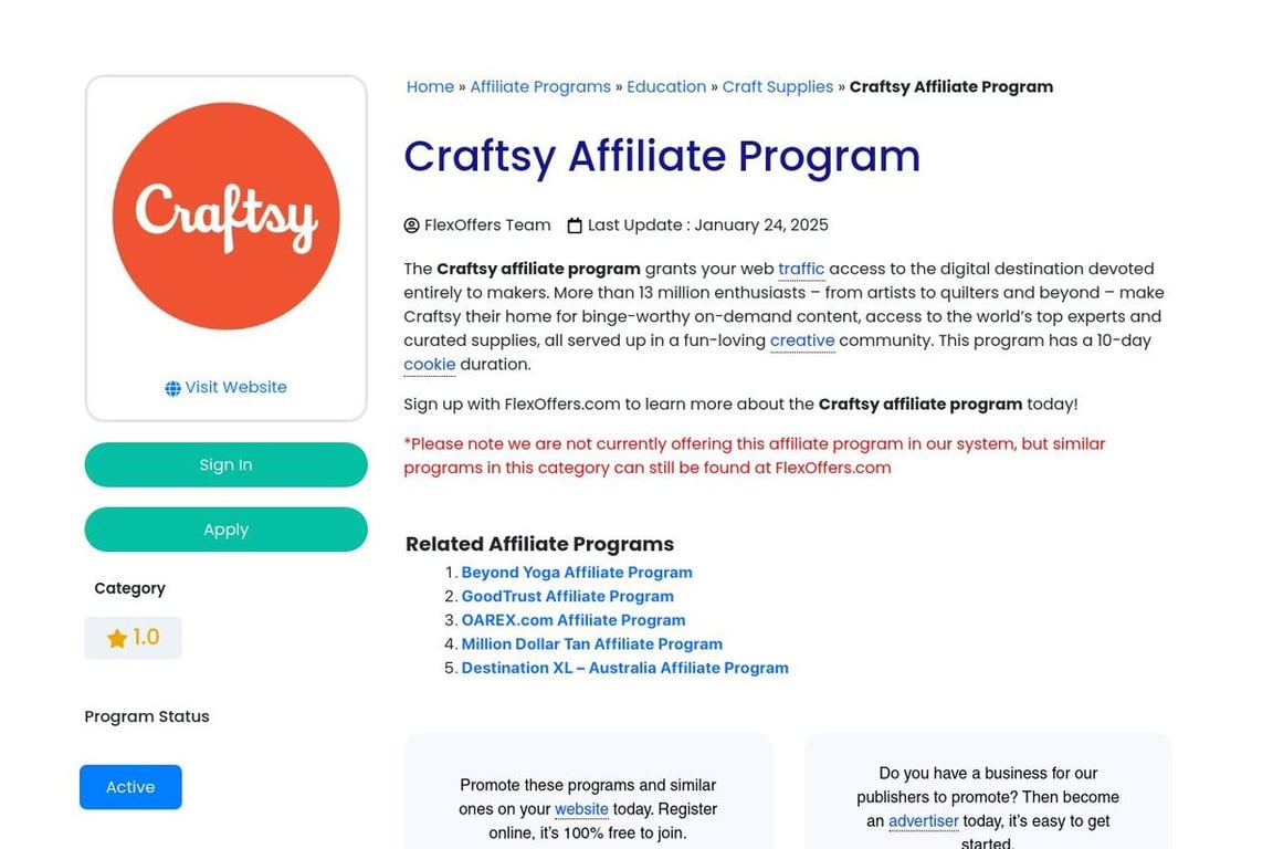 Craftsy affiliate program signup page
