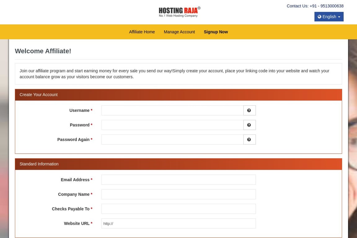 HostingRaja affiliate program signup page