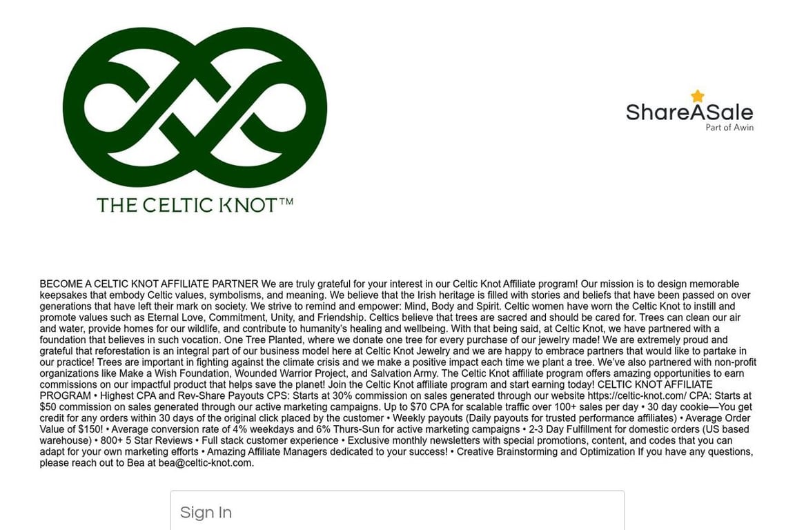 Celtic Knot Jewelry & Co affiliate program signup page