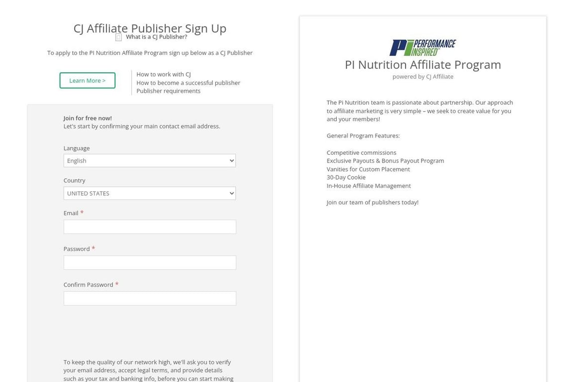 PI Nutrition affiliate program signup page