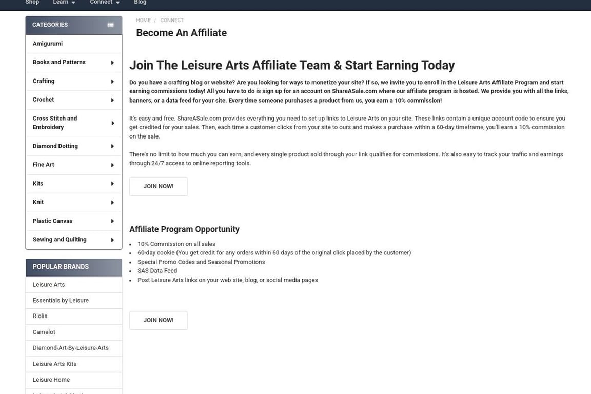 Leisure Arts affiliate program signup page