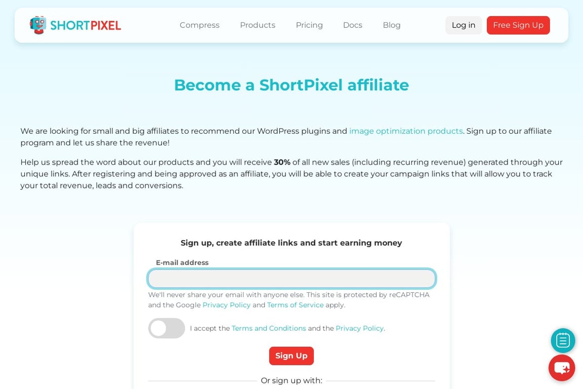 Short Pixel affiliate program signup page