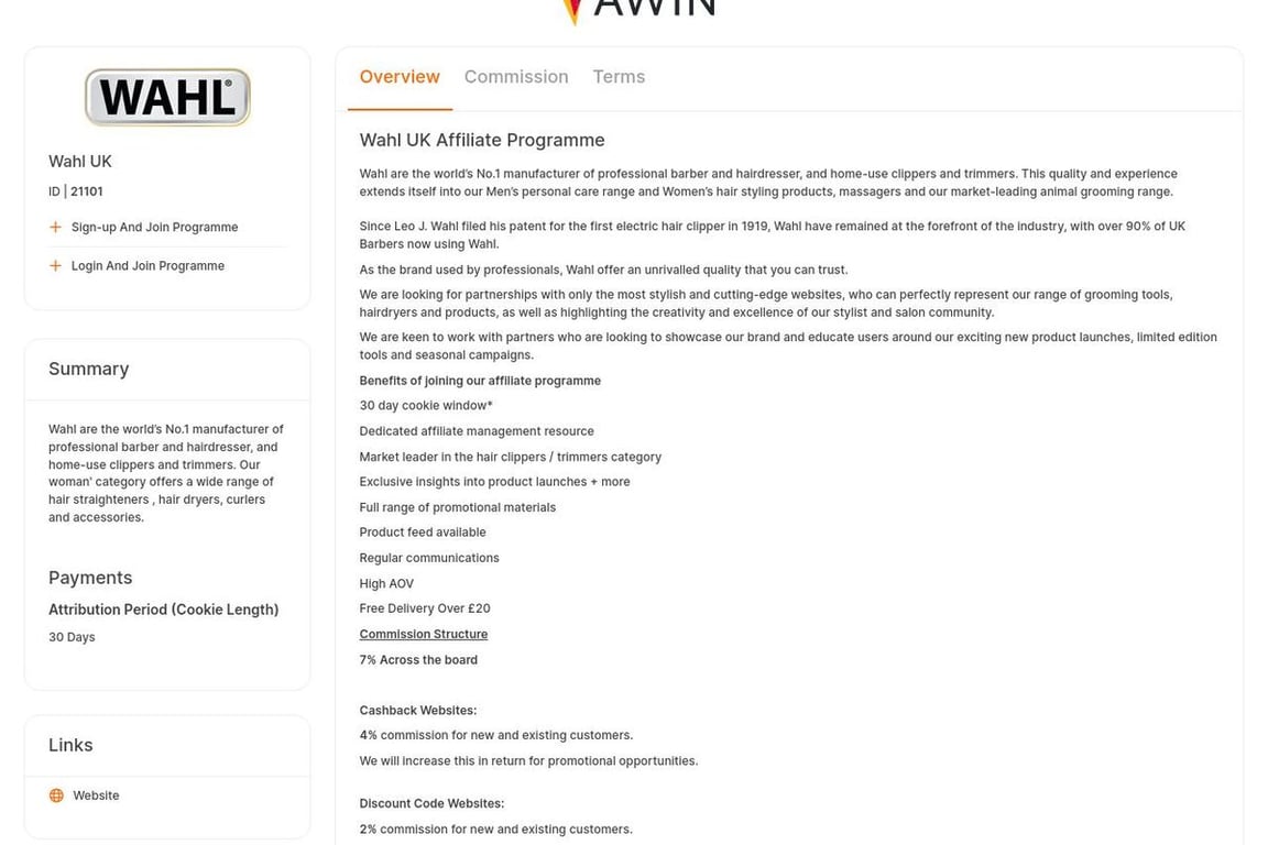 Wahl UK affiliate program signup page