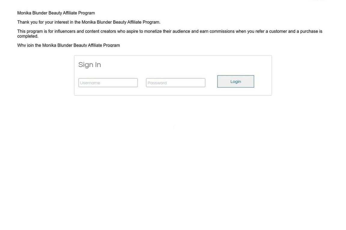 Monika Blunder Beauty affiliate program signup page