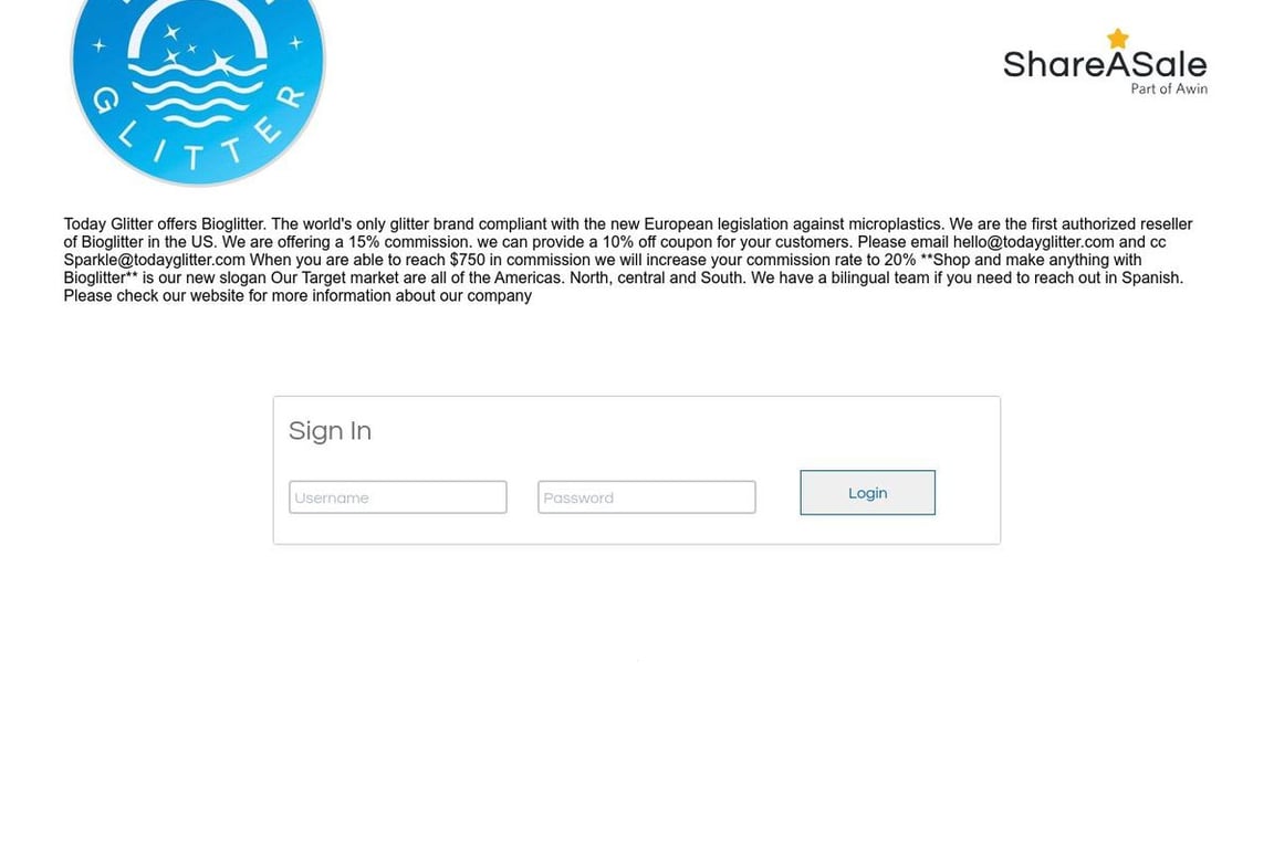 Today Glitter affiliate program signup page