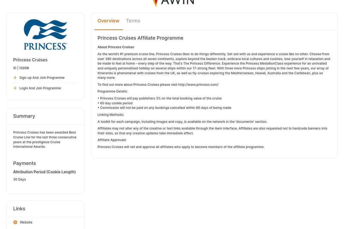 Princess Cruises affiliate program signup page