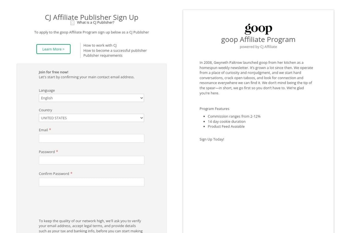 Goop affiliate program signup page
