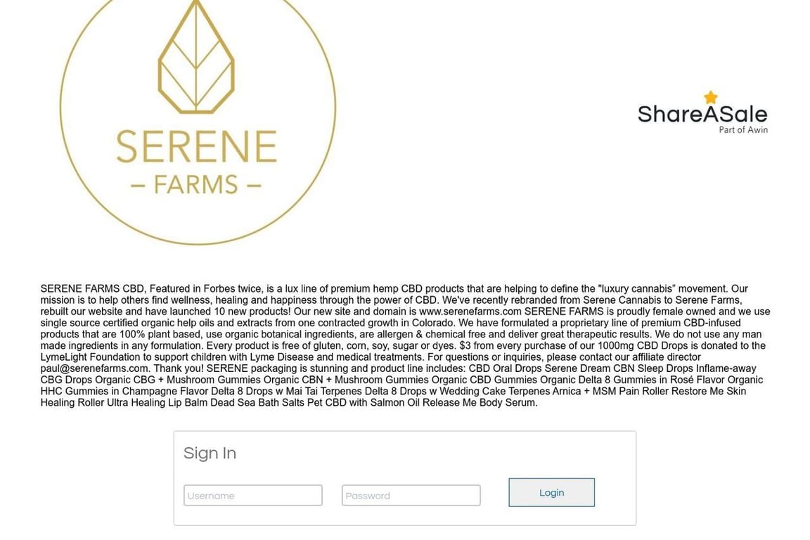 SERENE Cannabis affiliate program signup page