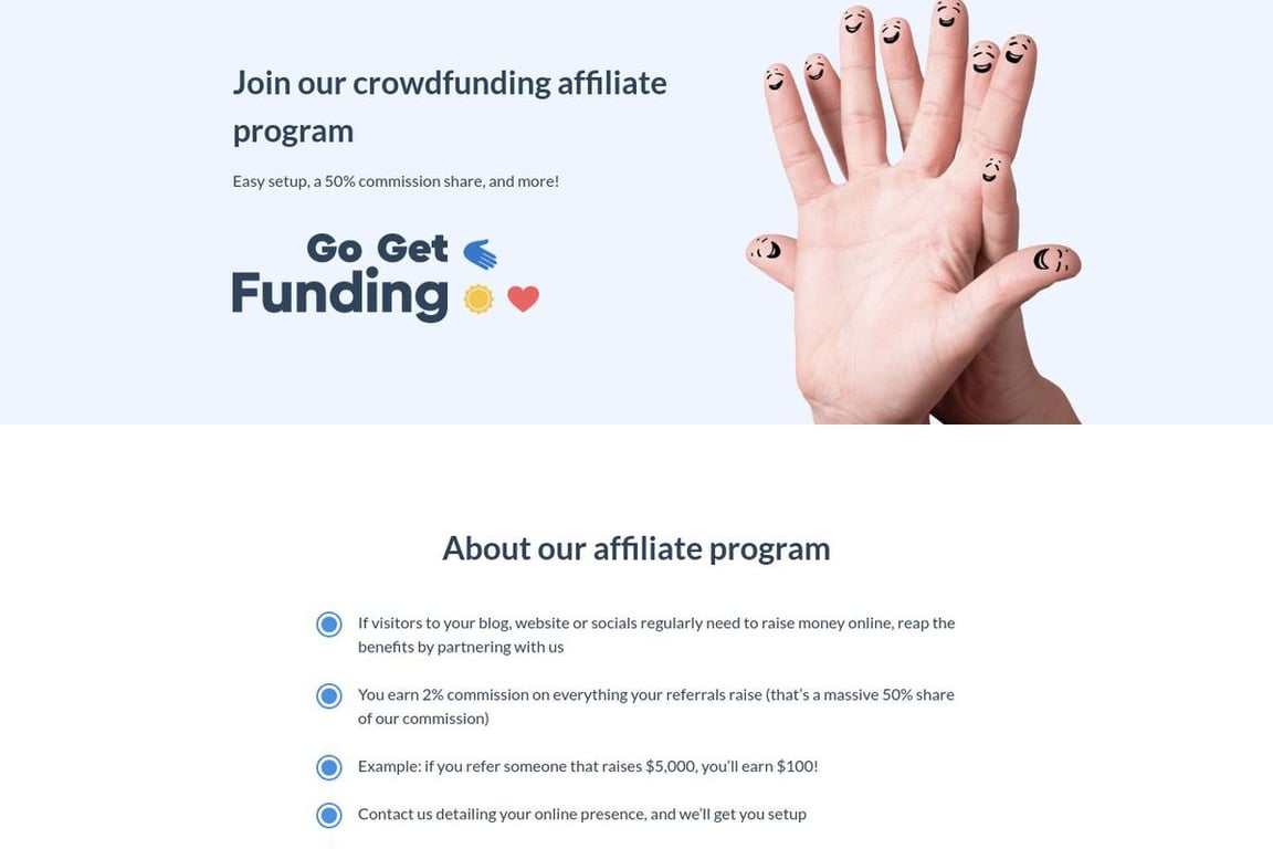 GoGetFunding affiliate program signup page