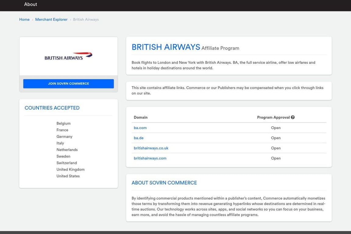 British Airways affiliate program signup page