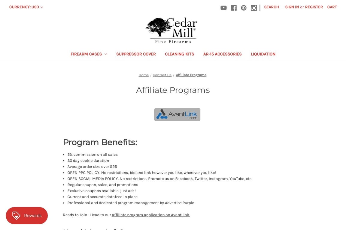 Cedar Mill Firearms affiliate program signup page