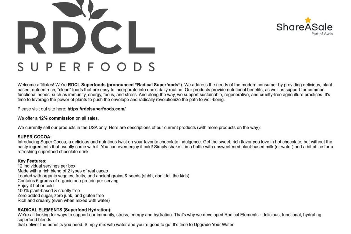 RDCL Superfoods, Inc. affiliate program signup page