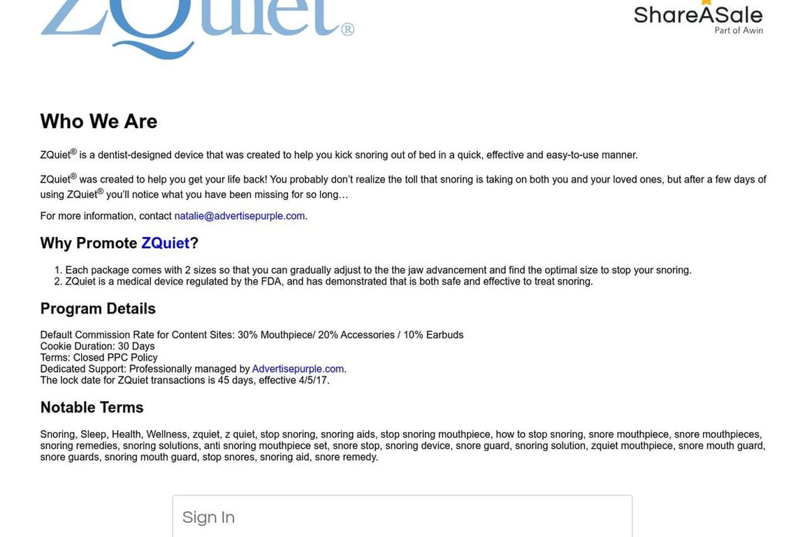 ZQuiet affiliate program signup page