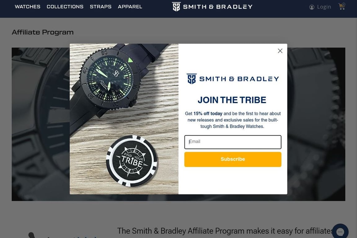 S&B Watches affiliate program signup page