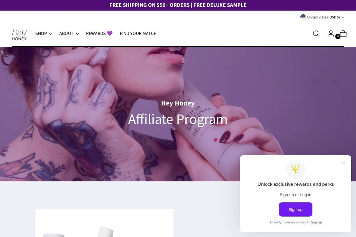 Hey Honey affiliate program signup page