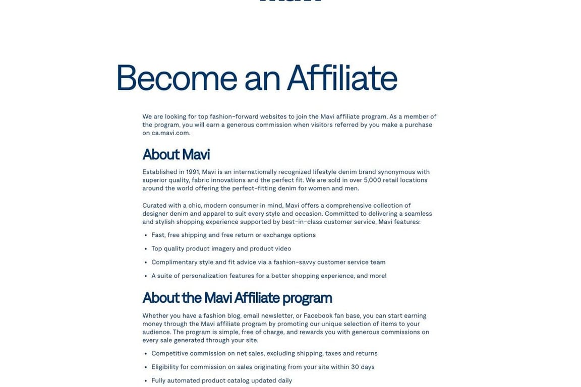 Mavi Jeans CA affiliate program signup page