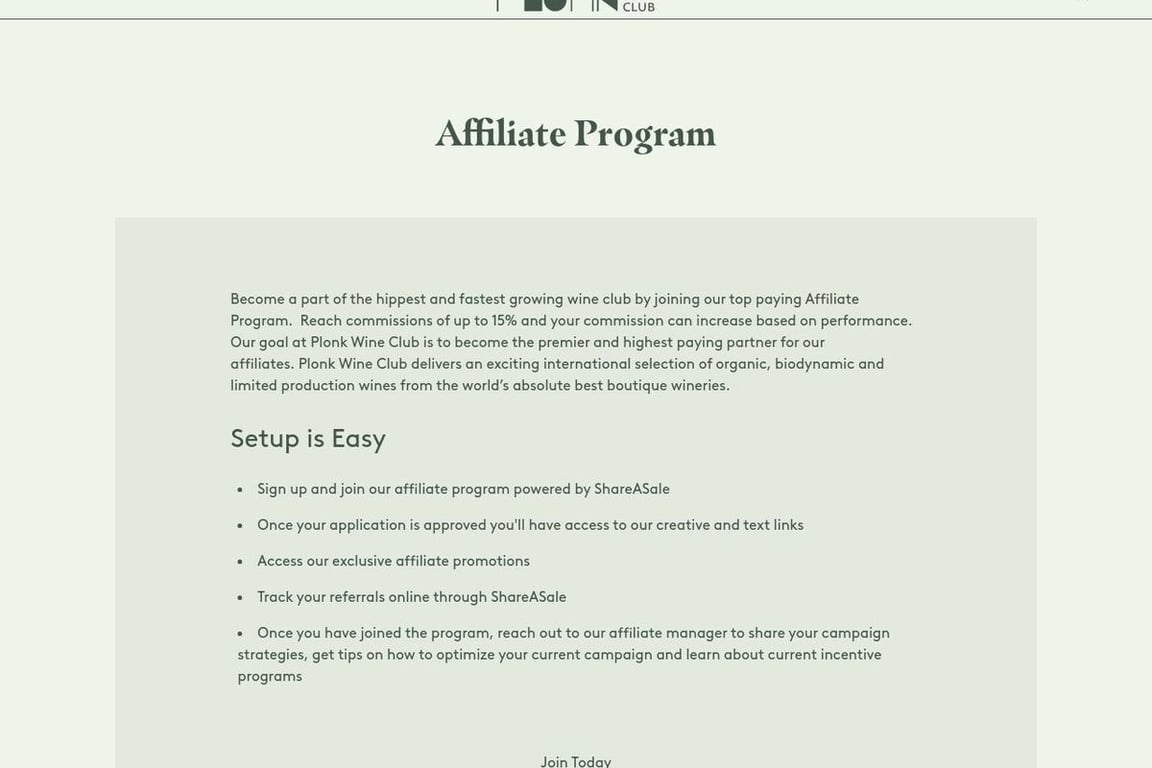Plonk Wine Club affiliate program signup page