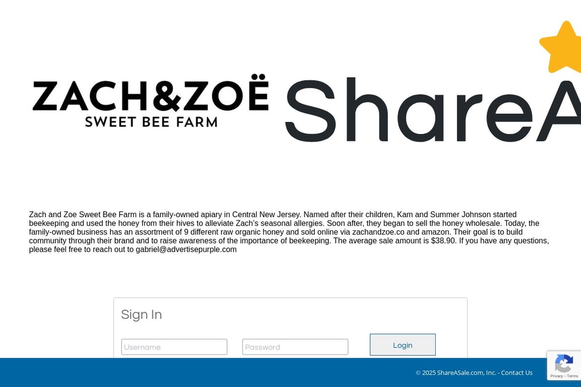 Zach & Zoe Sweet Bee Farm affiliate program signup page