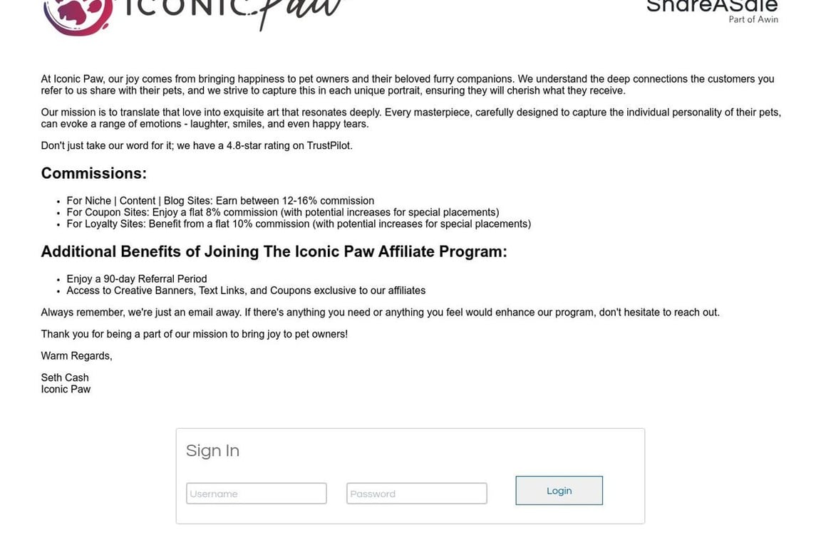 Iconic Paw affiliate program signup page