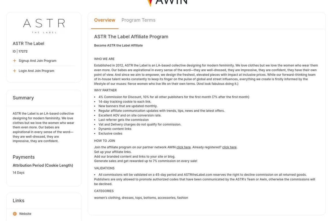 ASTR the Label affiliate program signup page