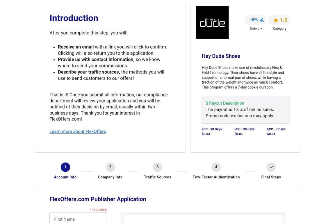 Hey Dude Shoes affiliate program signup page