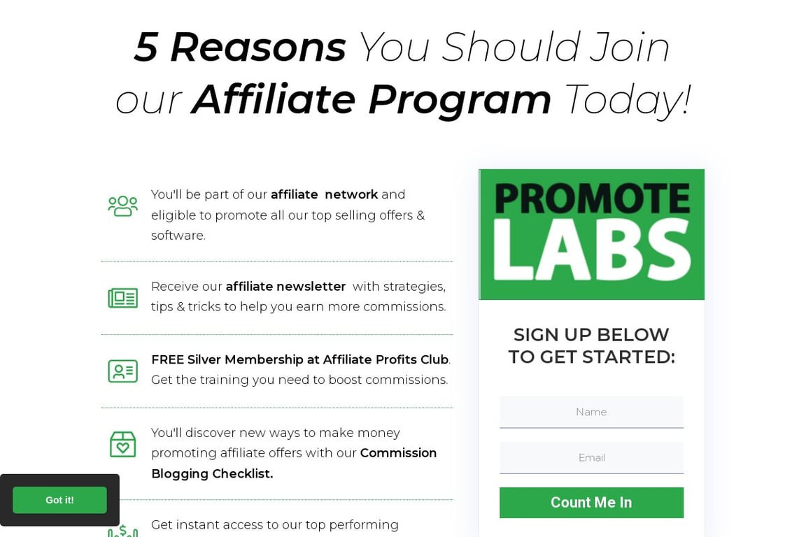 Promote Labs affiliate program signup page