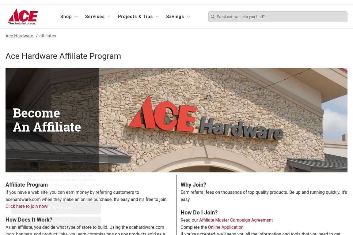 Ace Hardware affiliate program signup page