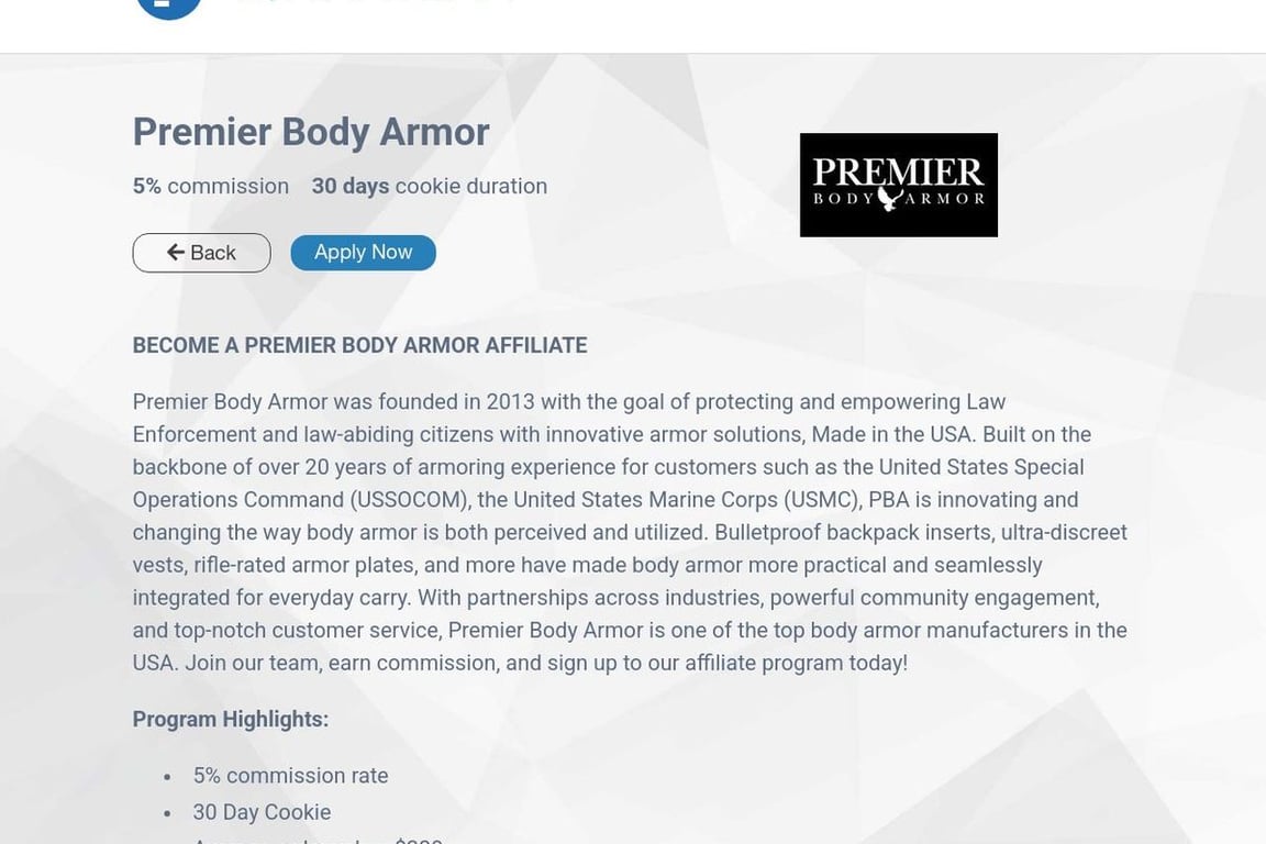 Premier Body Armor affiliate program signup page