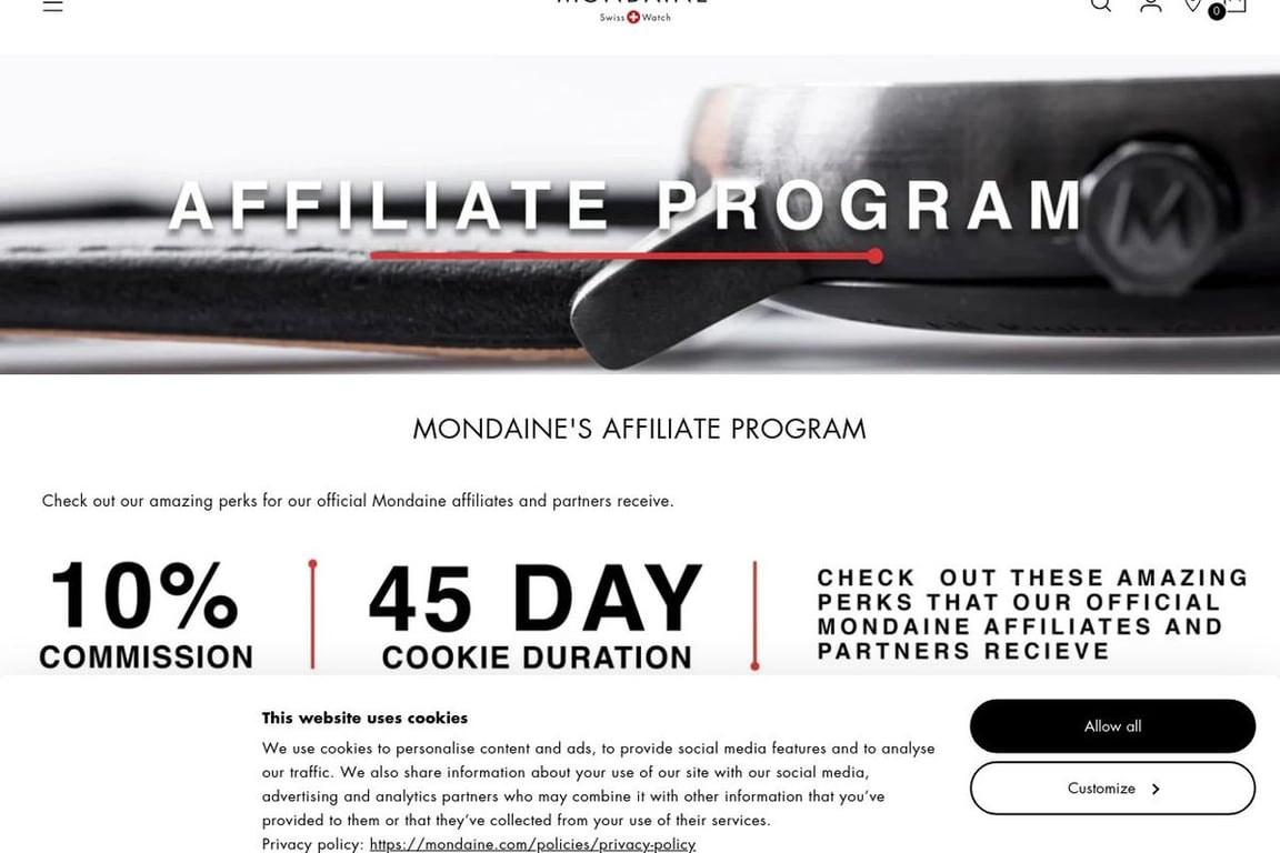 Mondaine affiliate program signup page