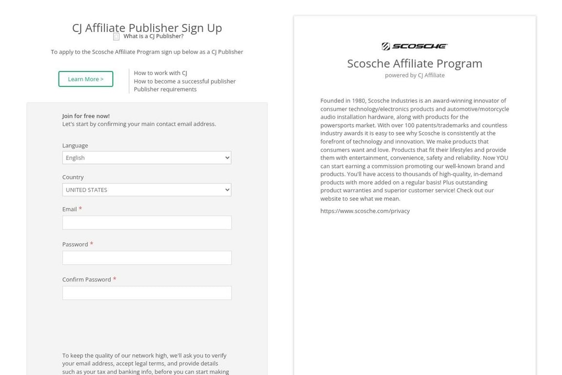 Scosche affiliate program signup page
