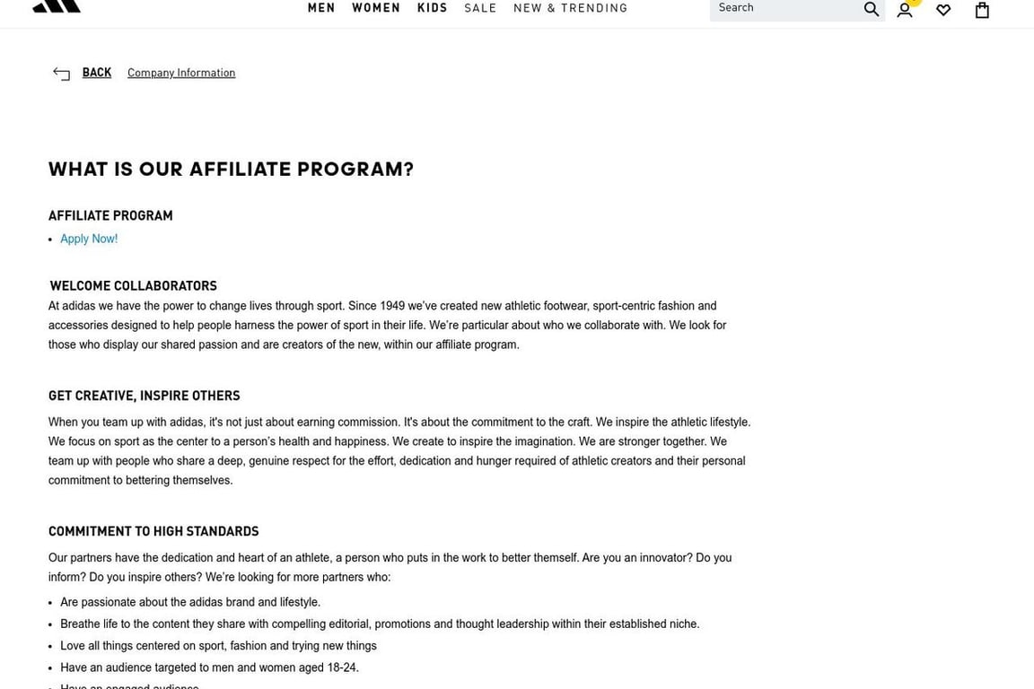 Adidas affiliate program signup page