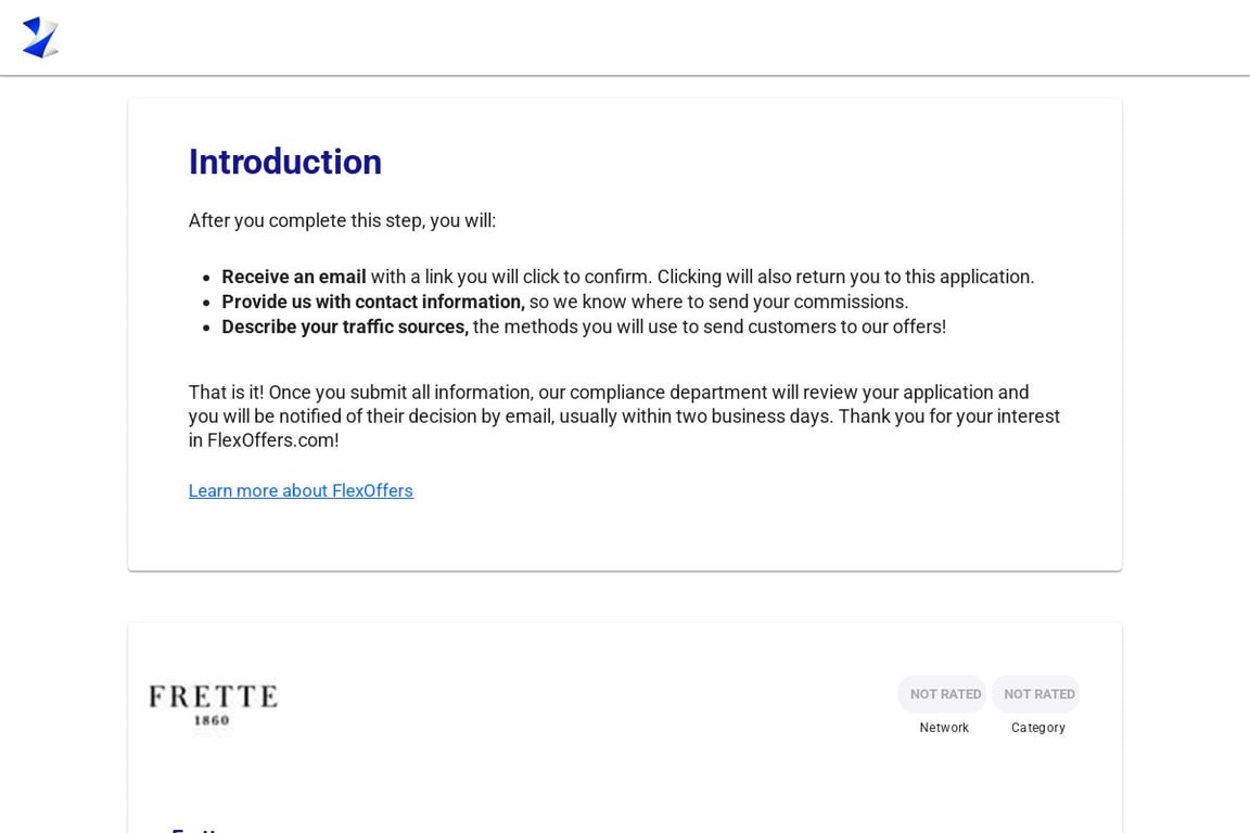 Frette affiliate program signup page