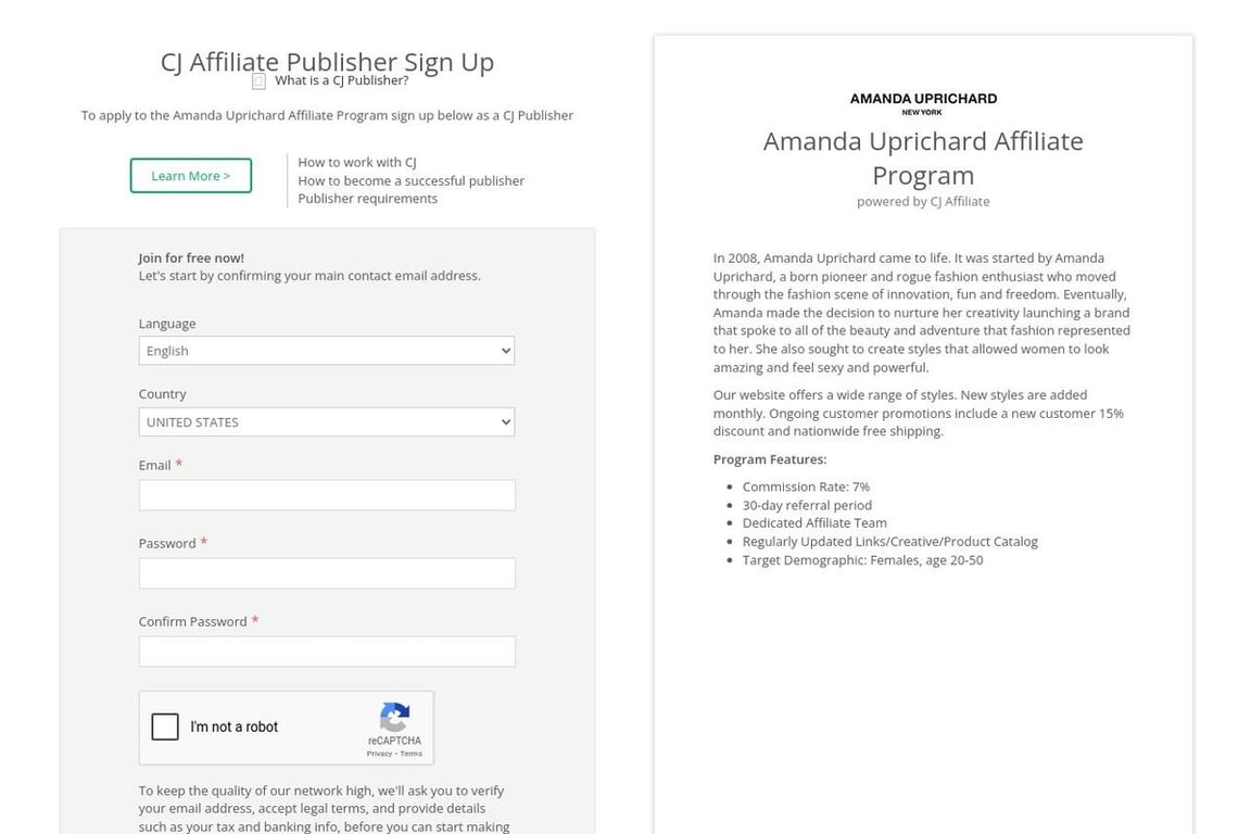 Amanda Uprichard affiliate program signup page