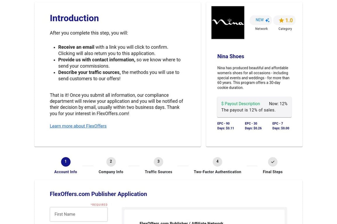 Nina Shoes affiliate program signup page
