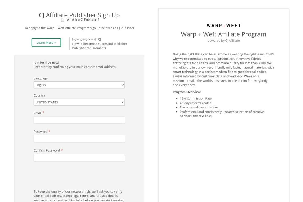 Warp + Weft affiliate program signup page