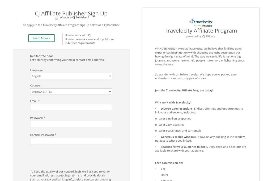 Travelocity affiliate program signup page
