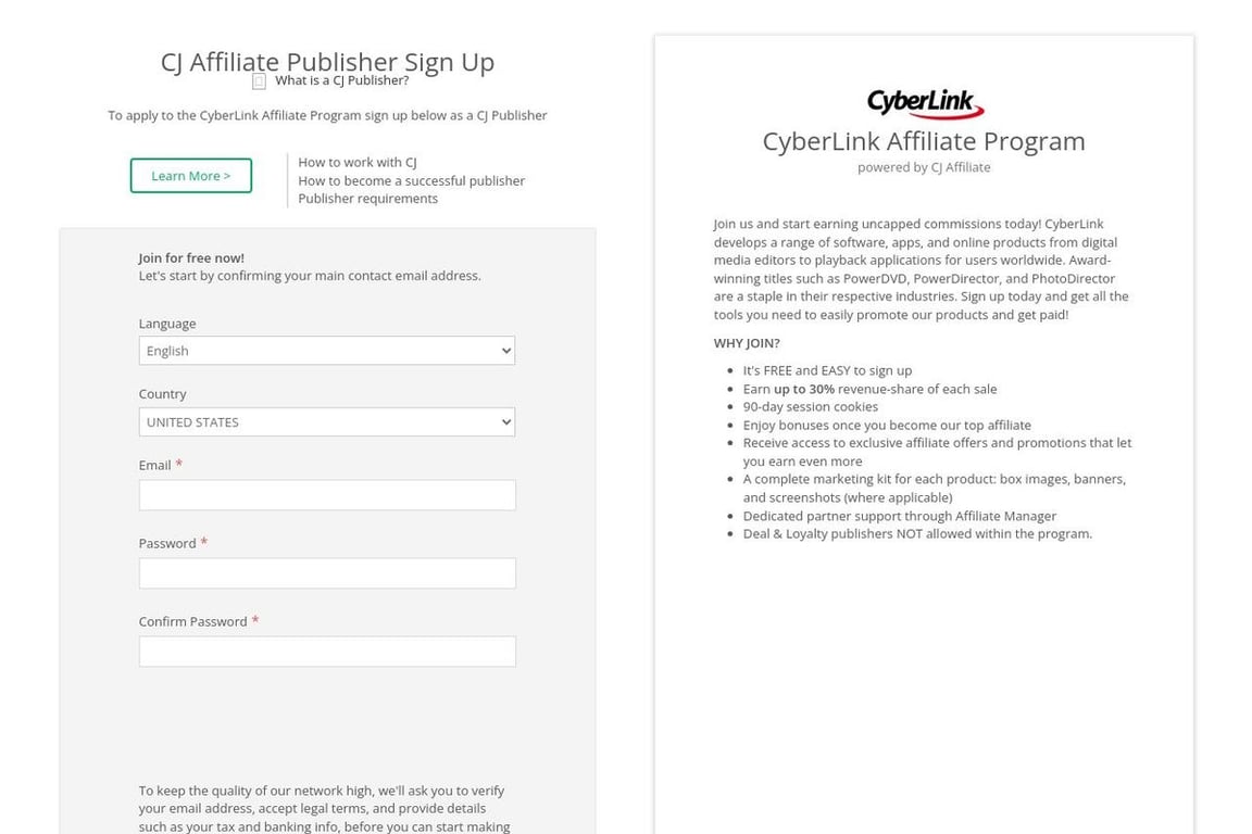 CyberLink affiliate program signup page