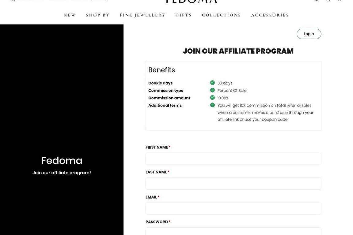 Fedoma Jewelry affiliate program signup page