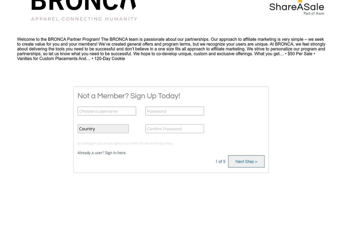 BRONCA PBC affiliate program signup page