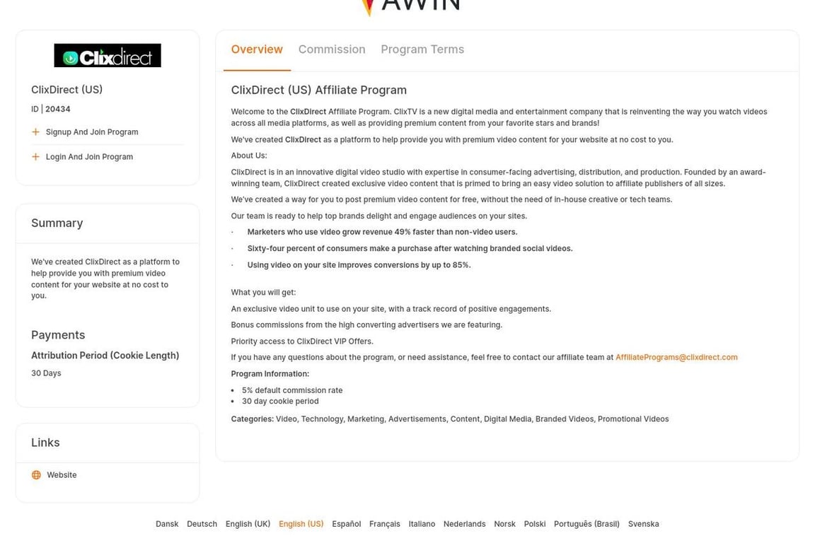 ClixDirect (US) affiliate program signup page