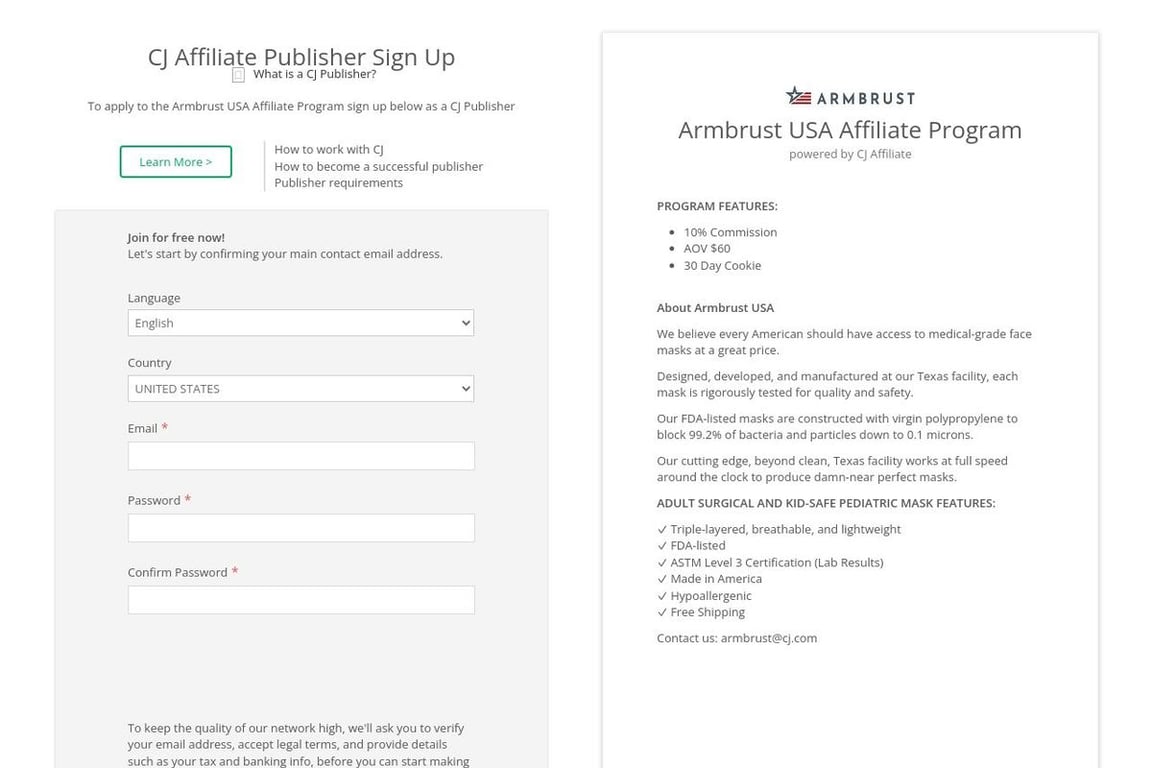 Armbrust affiliate program signup page
