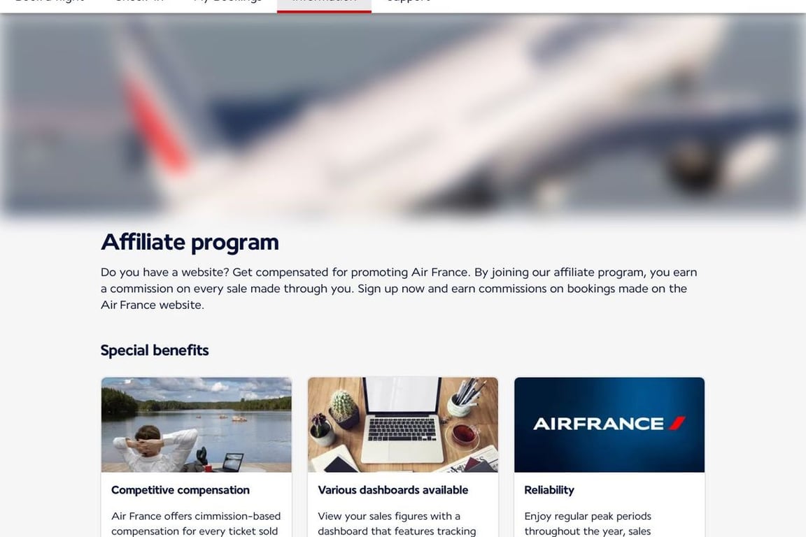 Air France affiliate program signup page