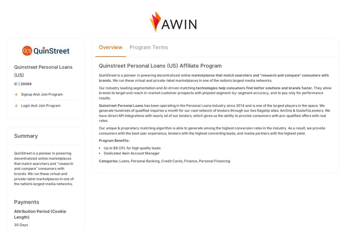 Quinstreet Personal Loans affiliate program signup page