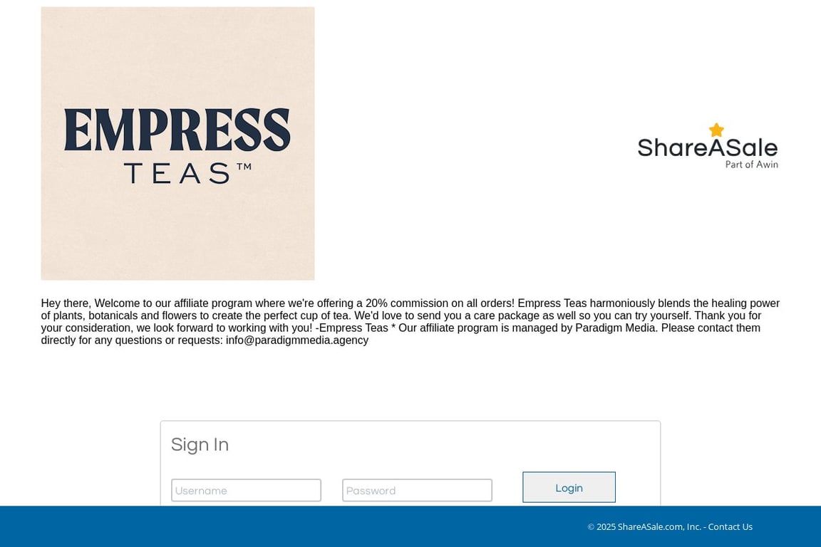 Empress Teas affiliate program signup page