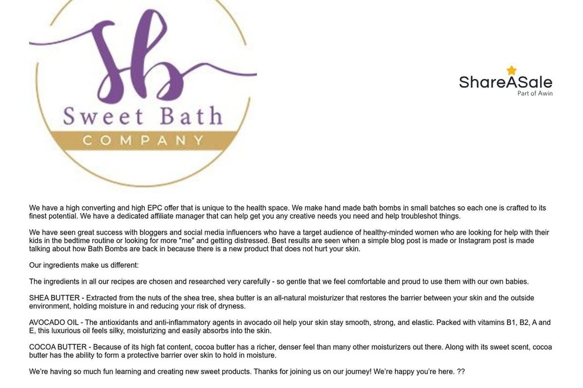 Sweet Bath Co affiliate program signup page
