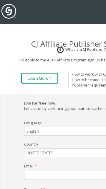 EFax affiliate program signup page