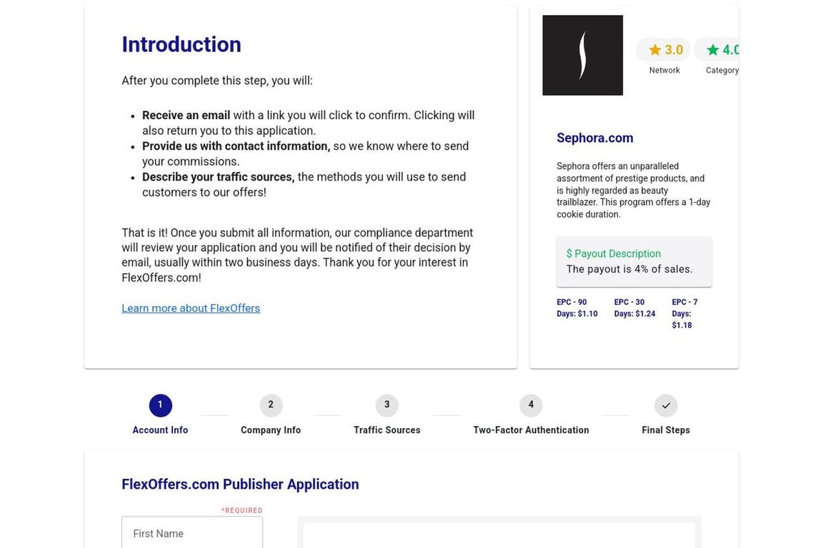 Sephora.com affiliate program signup page