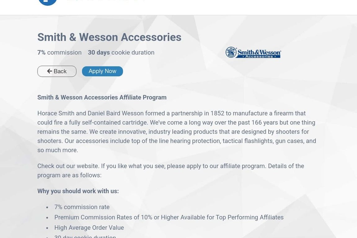 Smith & Wesson Accessories affiliate program signup page